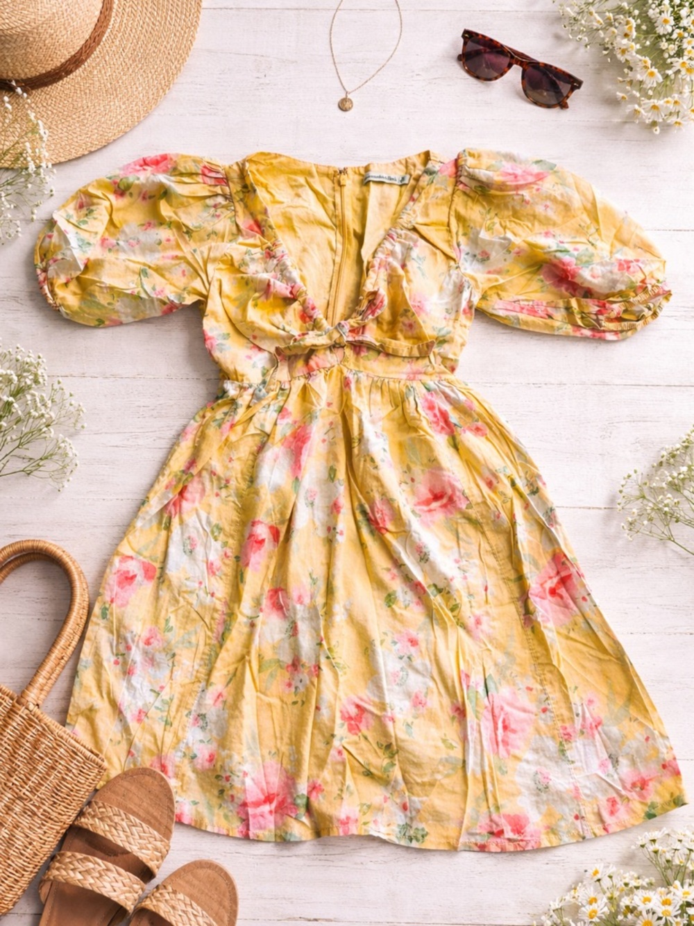 Abercrombie & Fitch Yellow Floral Puff-Sleeve Mini Dress